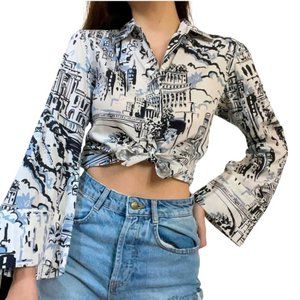 Zara Tied Button-down Shirt Size Small‎ White Black Printed Top Flared Cuffs